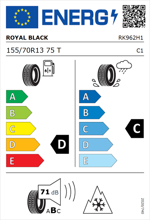 Tyre Label for Royal Black Royal A/S 155/70R13 75T