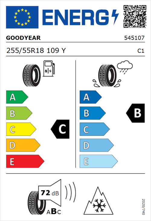 Tyre Label for Goodyear Vector 4Seasons Gen 3 SUV 255/55R18 109Y