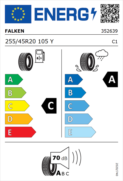 Tyre Label for Falken Azenis FK520 SUV 255/45R20 105Y