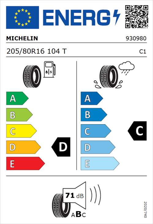 Tyre Label for Michelin Latitude Cross 205/80R16 104T