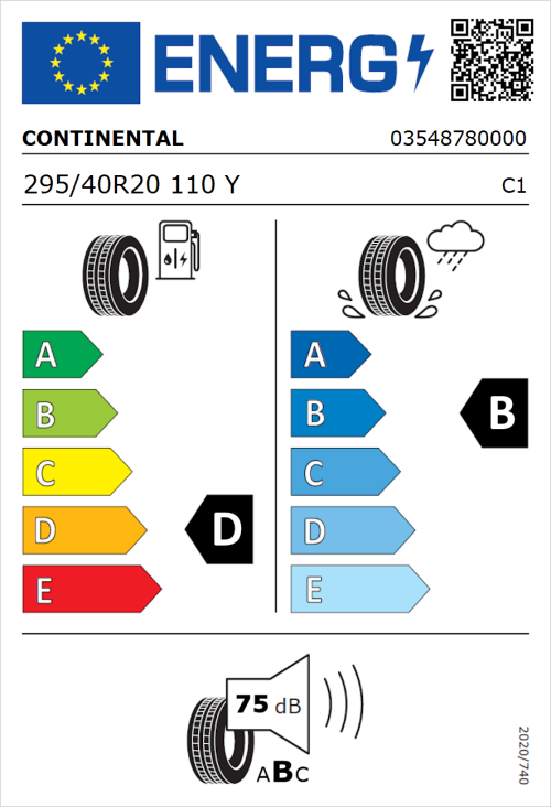 Tyre Label for Continental ContiCrossContact UHP 295/40R20 110Y